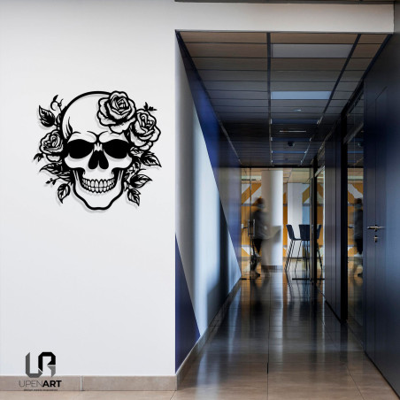 Gül Desenli Kafatası Metal Duvar Dekoru